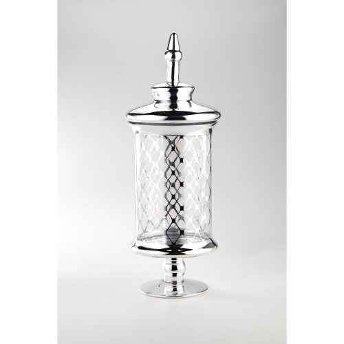 21" Clear and Silver Mesh Design Glass Jar with Finial Lid and Pedestal - IMAGE 1