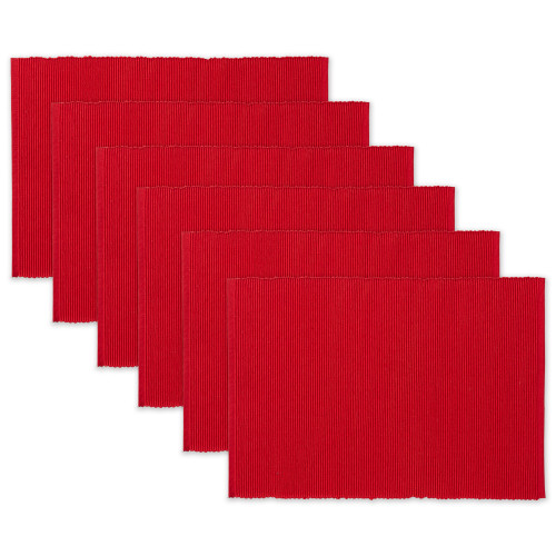 Ribbed Textured Solid Cotton Placemats - 19” - Tango Red - Set of 6 - IMAGE 1