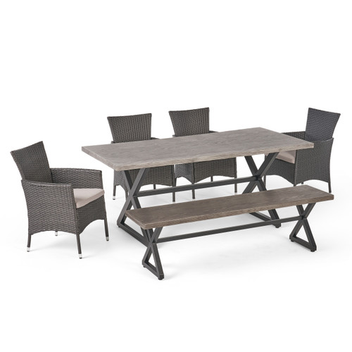 6-Piece Gray Wicker Finish Aluminum Outdoor Furniture Patio Dining Set - Silver Cushions - IMAGE 1