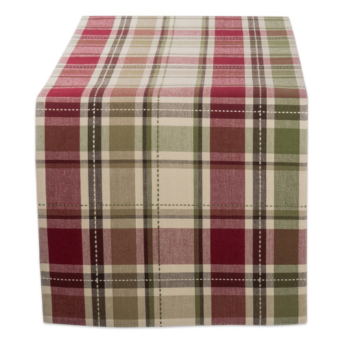 Homespun Tartan Plaid Cotton Table Runner - 36" - Burgundy and Olive Green - IMAGE 1