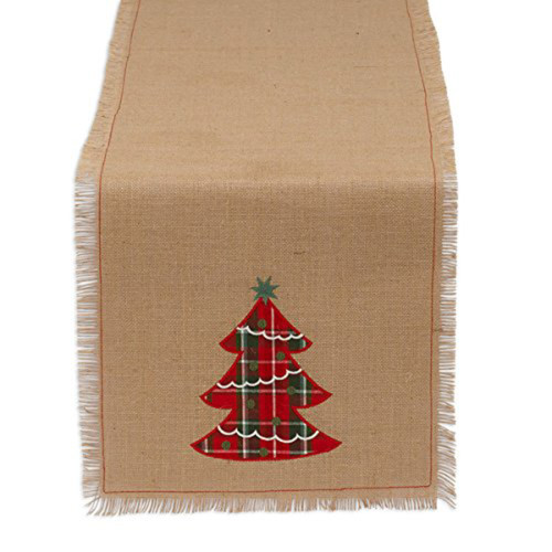 72" Tan Embroidered Plaid Christmas Tree Fringed Table Runner - IMAGE 1