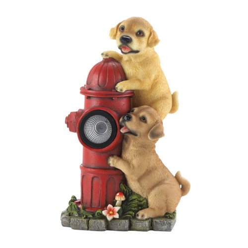 Dogs and Fire Hydrant Solar Powered Outdoor Statue - 12" - Beige and Red - IMAGE 1