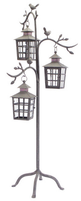 42" Gray Outdoor Votive Candle Holder Lantern Tree with Bird Accents - IMAGE 1