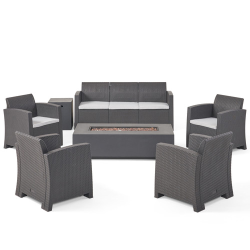 7pc Gray Outdoor Patio Chat Set and Tank Holder with Fire Pit 67.5" - IMAGE 1