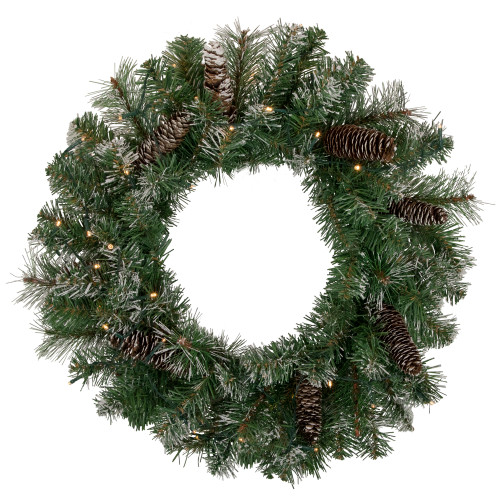 Pre-Lit Battery Operated Frosted Pine Christmas Wreath - 24" - Warm White LED Lights - IMAGE 1