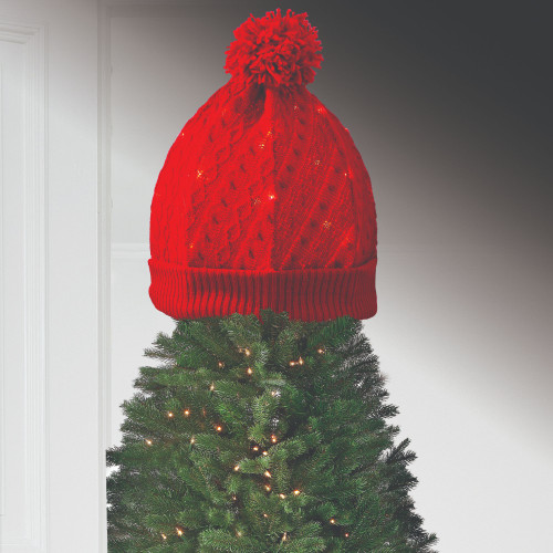 12" Lighted Red LED Knit Cap Christmas Tree Topper, Clear Lights - IMAGE 1