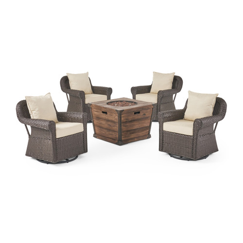 5pc Gray and Brown Outdoor Patio Club Chair with Fire Pit 33.25" - IMAGE 1