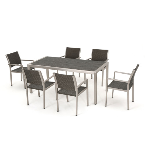 7-Piece Gray Wicker Finish Aluminum Outdoor Furniture Patio Dining Set - IMAGE 1