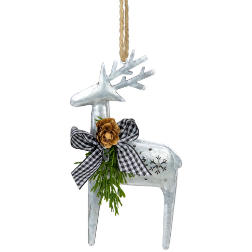 Reindeer with Pine and Gingham Bowtie Christmas Ornament- 6.25" - Silver and Black - IMAGE 1