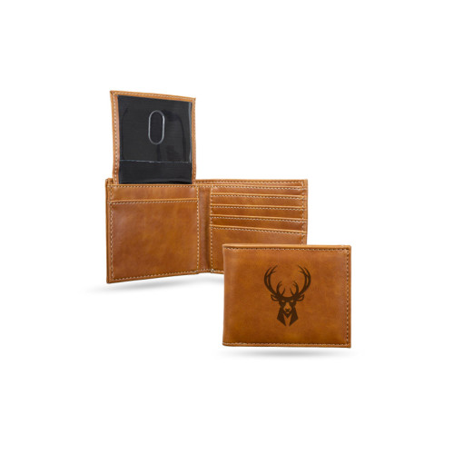 4" Brown NBA Milwaukee Bucks Engraved Billfold Wallet - IMAGE 1