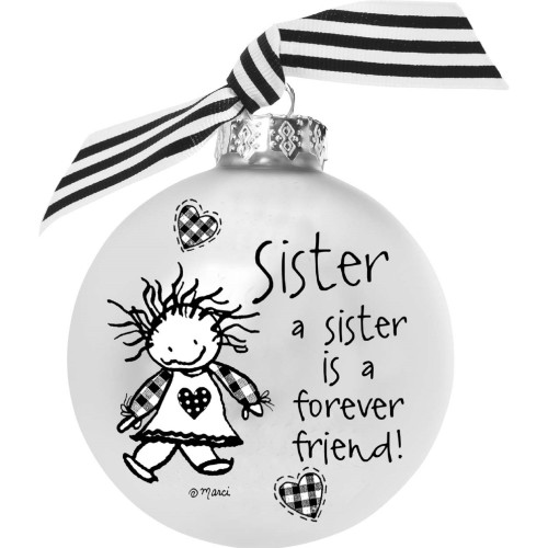 4" Black and White Christmas Ball Ornament with A Sister is a Forever Friend Print - IMAGE 1