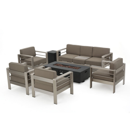 7pc Khaki Brown and Black Contemporary Outdoor 7 Seater Chat Set with Fire Pit - IMAGE 1