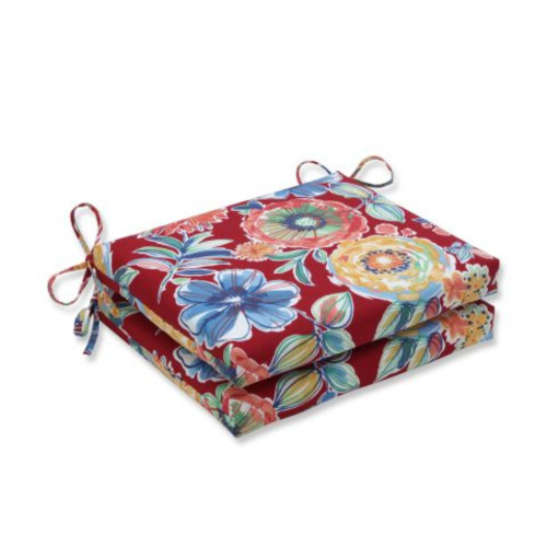 Set of 2 Red and Blue Floral Patio Squared Corner Seat Cushions 18.5" - IMAGE 1