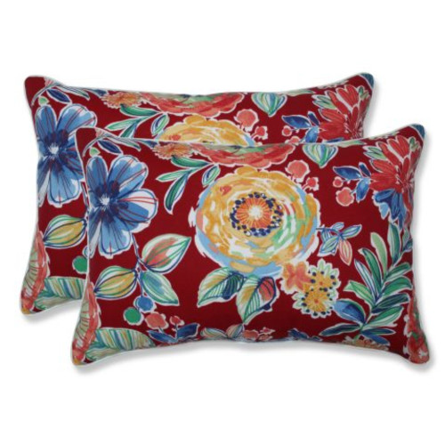 Set of 2 Red and Blue Floral UV Resistant Patio Corded Oversized Lumbar Throw Pillows 24.5" - IMAGE 1