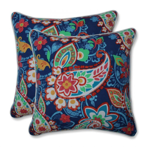 UV-Resistant Retro Paisley Patio Throw Pillows - 16.5" - Blue and Red - Set of 2 - IMAGE 1