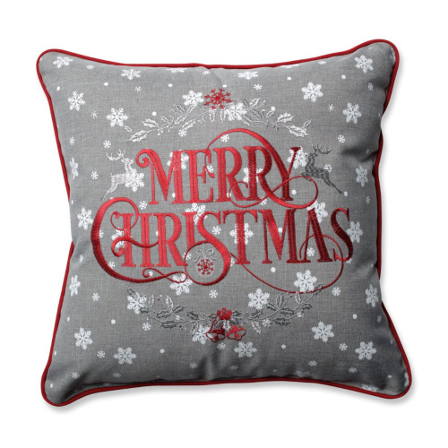 Snowy MERRY CHRISTMAS Square Throw Pillow - 16.5" - Gray and Red - IMAGE 1