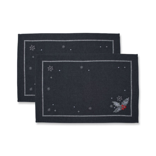 Set of 2 Charcoal Black Embroidered Holly and Berries Christmas Placemats 18.5" - IMAGE 1