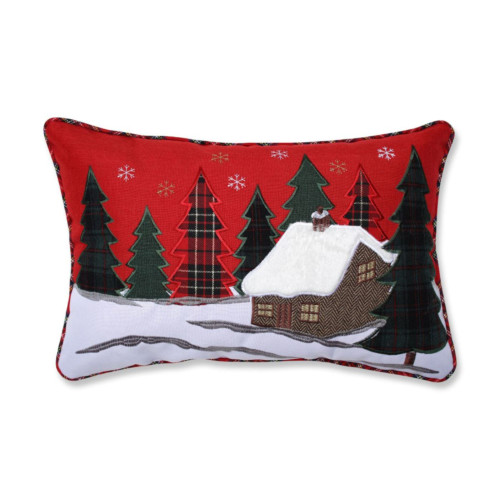 18.5" Red and Black Plaid Christmas Trees with Cabin Rectangular Throw Pillow - IMAGE 1