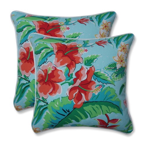 Set of 2 Aqua Blue and Green Floral Motif UV Resistant Outdoor Patio Throw Pillows 16.5" - IMAGE 1