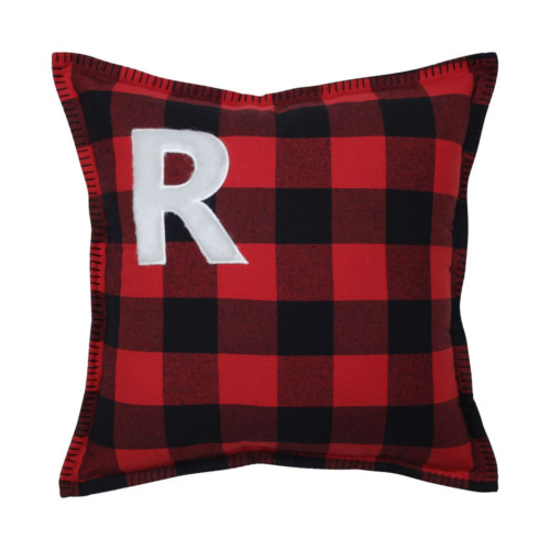 16.5" Red and Black Buffalo Plaid R Square Throw Pillow - IMAGE 1