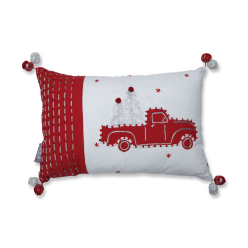 18.5" Red and White Vintage Truck Christmas Rectangular Throw Pillow - IMAGE 1