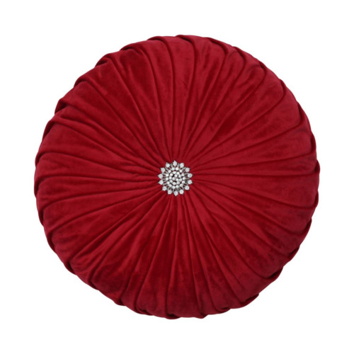 18.5" Red and Silver Pleated Velvet Round Throw Pillow - IMAGE 1