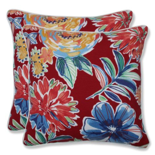 Set of 2 Red and Blue Floral Patio Corded Throw Pillows 16.5" - IMAGE 1