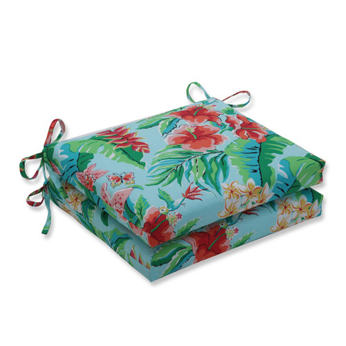 Hibiscus Tropical Outdoor Seat Cushion - 18.5" - Aqua and Red - Set of 2 - IMAGE 1