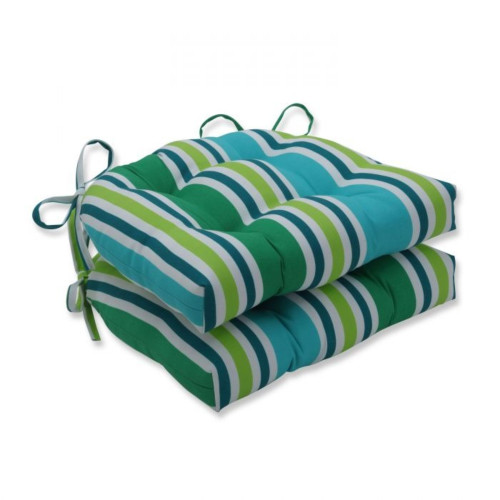 Set of 2 Striped Outdoor Patio Tufted Reversible Chair Pads - 16" - Blue and Emerald Green - IMAGE 1