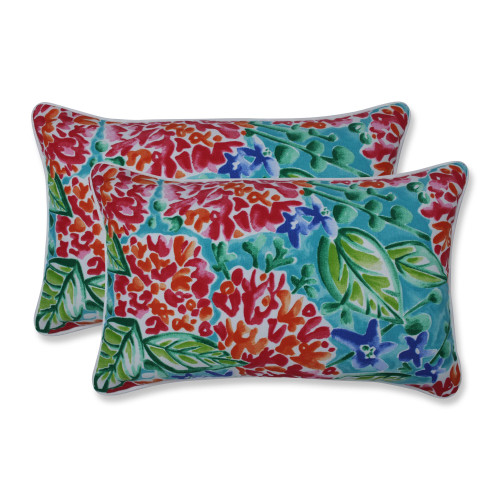 Set of 2 Pink and Blue Floral UV Resistant Outdoor Patio Rectangular Throw Pillows 18.5" - IMAGE 1