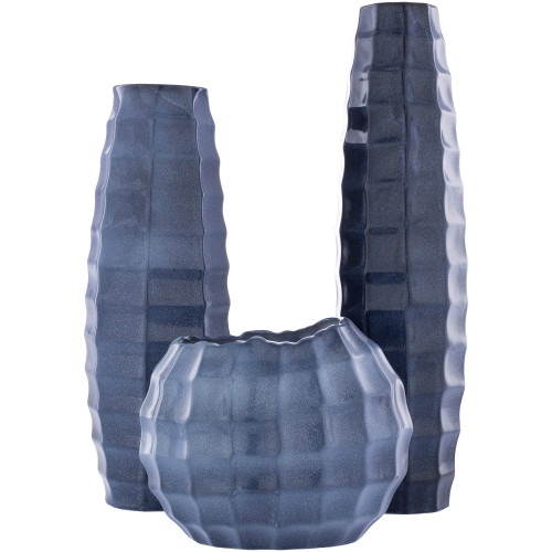 Set of 3 Blue Geometric Glossy Vases 20" - IMAGE 1