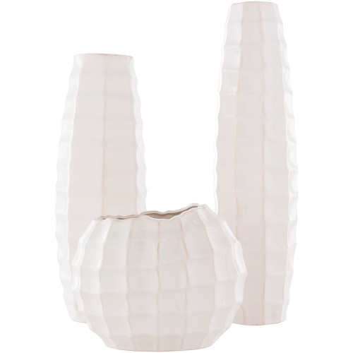 Set of 3 Cream White Geometric Glossy Vases 20" - IMAGE 1