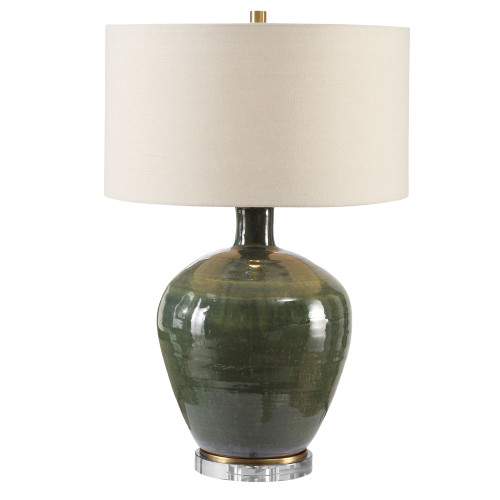 Glossy Base Ceramic Table Lamp with Beige Drum Shade - 27.25" - Green - IMAGE 1
