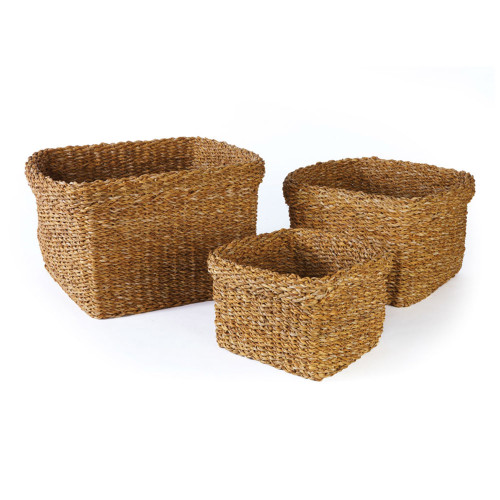 Square Seagrass Baskets with Cuffs - 16.75" - Brown - Set of 3 - IMAGE 1