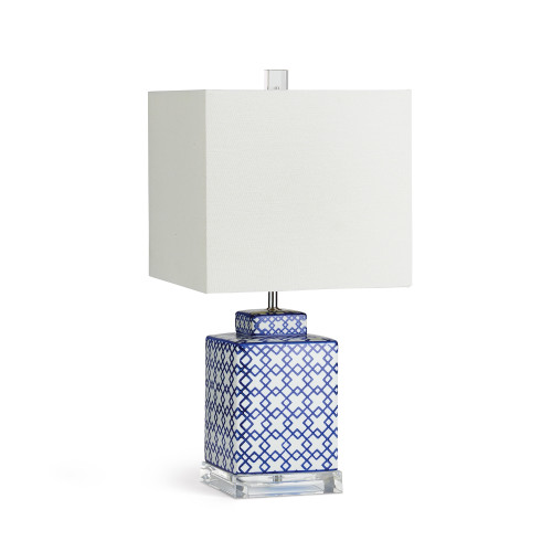 Small Geometric Fretwork Square Table Lamp - 17" - Navy Blue and White - IMAGE 1
