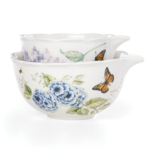 Set of 2 White, Blue, and Green Butterfly Nesting Bowls - IMAGE 1