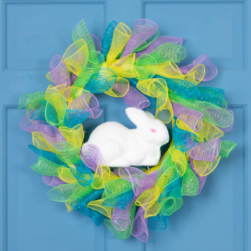 Pastel Deco Mesh Ribbon Easter Bunny Wreath - 24" - IMAGE 1