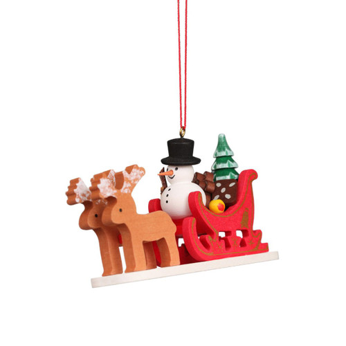 4" Red, White, and Brown Snowman Riding on a Sled Collectible Christian Ulbricht Ornament - IMAGE 1
