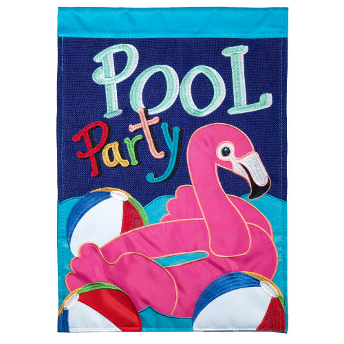 Blue and Pink Double Applique "POOL Party" Outdoor House Flag 42" x 29" - IMAGE 1