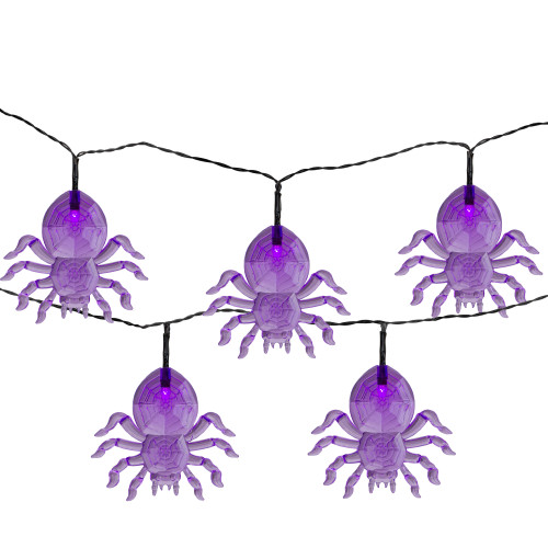 10-Count Pre-Lit LED Purple Spider Halloween Lights, 6ft Black Wire - IMAGE 1