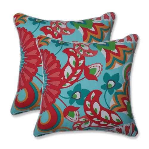 Set of 2 Red and Aqua Blue Floral Motif UV Resistant Outdoor Patio Throw Pillows 18.5" - IMAGE 1