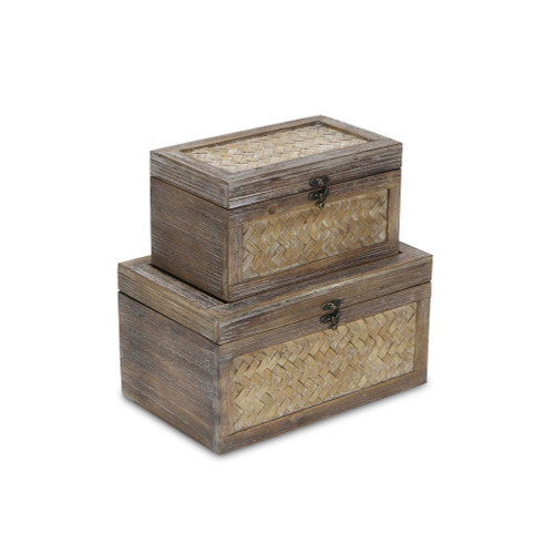 Set of 2 Brown Storage Boxes with Top and Front Bamboo Weave Panels 11.75" - IMAGE 1