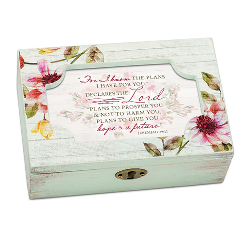 For I Know the Plans Floral Decoupage Wood Jewelry Musical Box - 6" - Amazing Grace - IMAGE 1