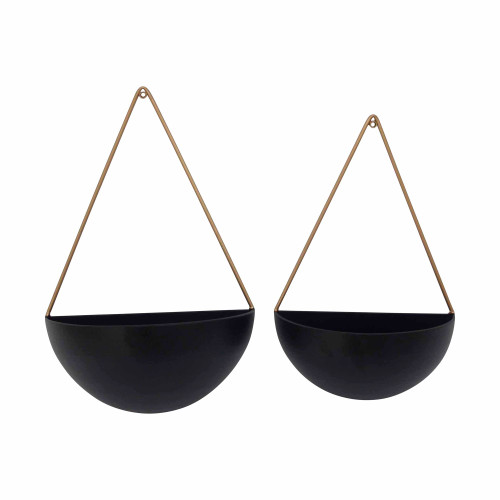 Set of 2 Black and Gold Half Moon Wall Hanging Planters 18.25" - IMAGE 1