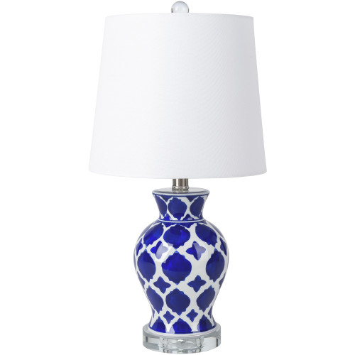 21" Blue Glazed Geometric Table Lamp with White Drum Shade - IMAGE 1