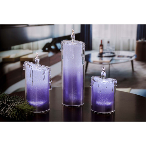 Set of 3 White and Purple Glitter LED Lighted Candles 9.5" - IMAGE 1