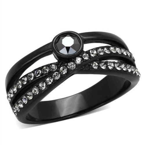 Women's High Polished Stainless Steel Engagement Ring with 5mm Top Grade Crystal in Hematite- Size 8 - IMAGE 1