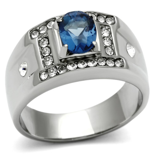 Men's Stainless Steel Ring with Montana Blue Synthetic Glass and Clear Stones - Size 8 (Pack of 2) - IMAGE 1