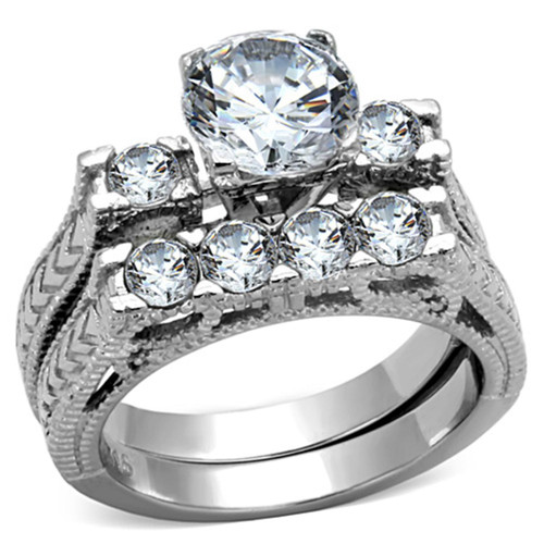 2-Piece Women's Wedding Stainless Steel Ring Set with Round Cubic Zirconia, Size 5 - IMAGE 1