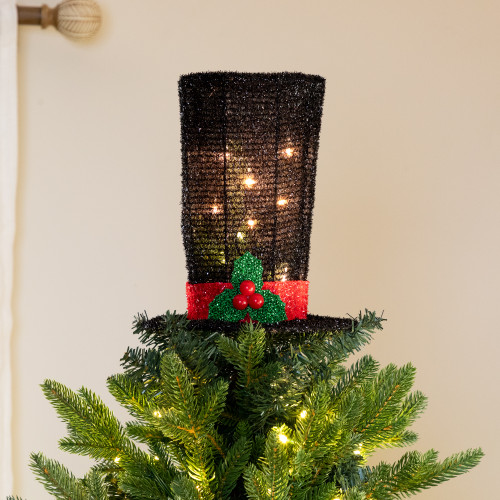 9.25" Lighted Black Tinsel Top Hat Christmas Tree Topper, Clear Lights - IMAGE 1